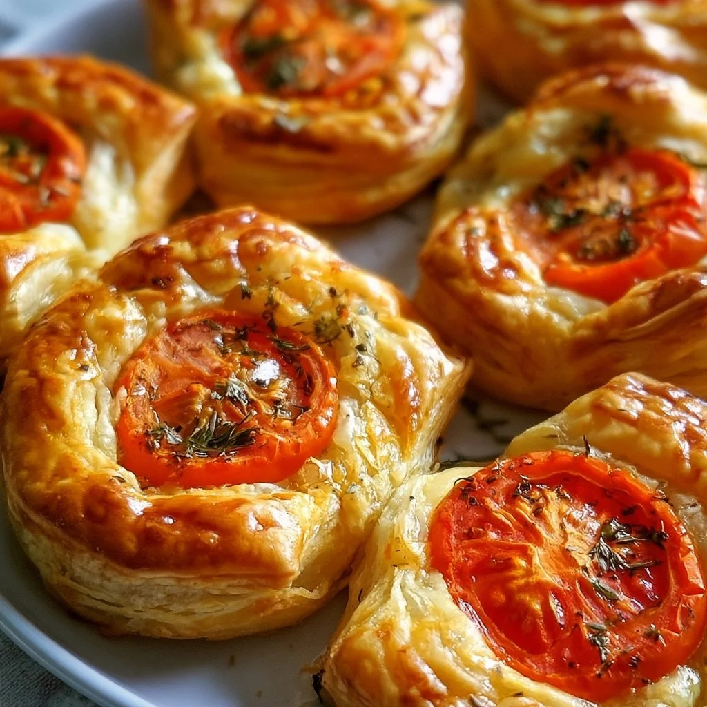 Blätterteig mit frischen Tomaten und Kräutern auf einem Holzbrett