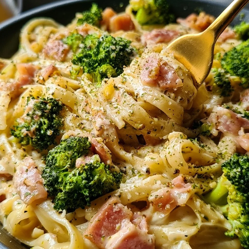 Leckere Brokkoli Schinken Pasta, kombiniert mit frischem Gemüse und Schinken.