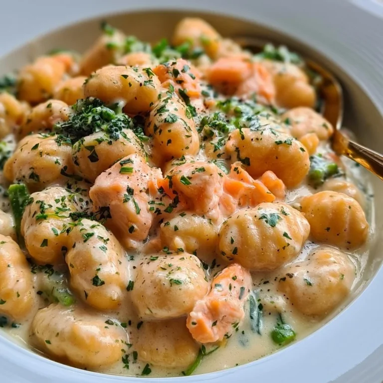 Cremige Lachs Gnocchi auf einem Teller, verziert mit frische Kräutern.