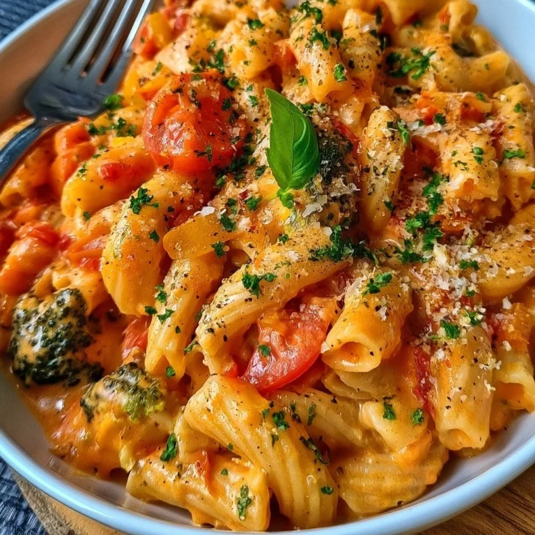 Cremige Pasta in Gemüsesauce auf einem Teller serviert