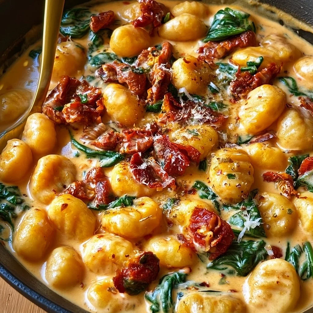 Cremige toskanische Gnocchi mit Spinat und getrockneten Tomaten in einer Schüssel