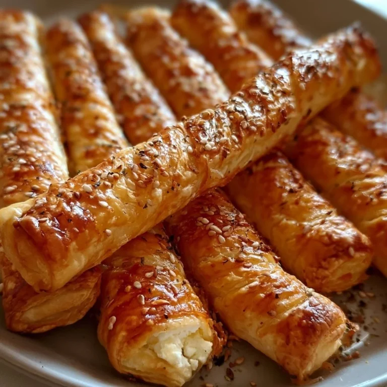 Crispy Feta Puff Pastry Sticks auf einem Teller angerichtet