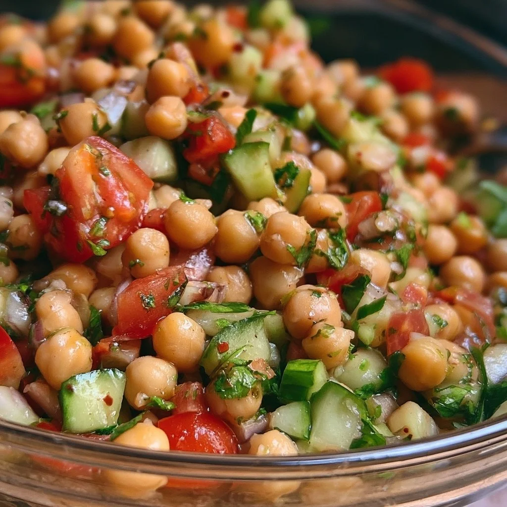 Frischer Kicherbsensalat mit buntem Gemüse in einer Schüssel