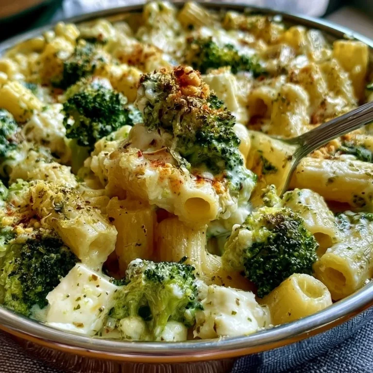 Gebackene Pasta mit Feta und Brokkoli auf einem Teller