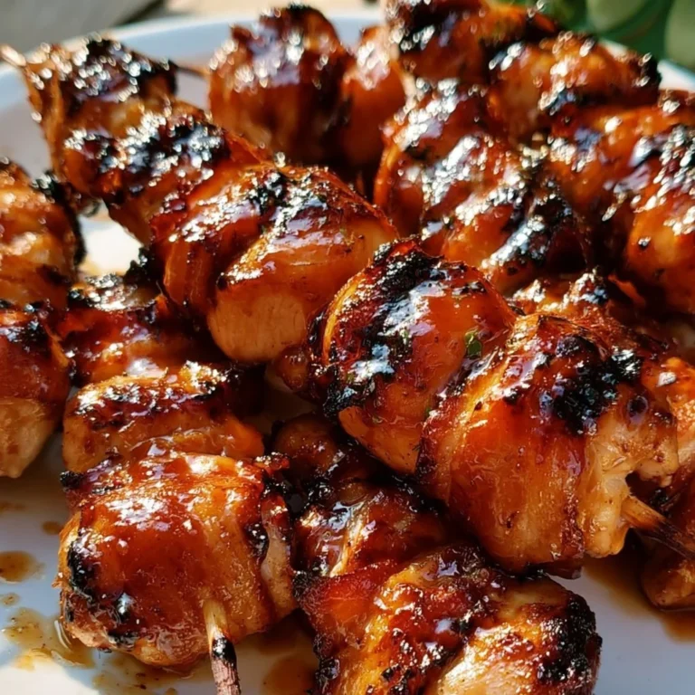 Gegrillte Honig-BBQ-Bacon-Hühnchen-Spieße auf einem Grill serviert