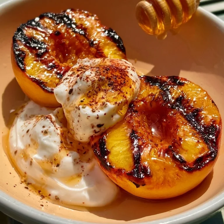 Gegrillte Pfirsiche mit Joghurt und Honig auf einem Teller