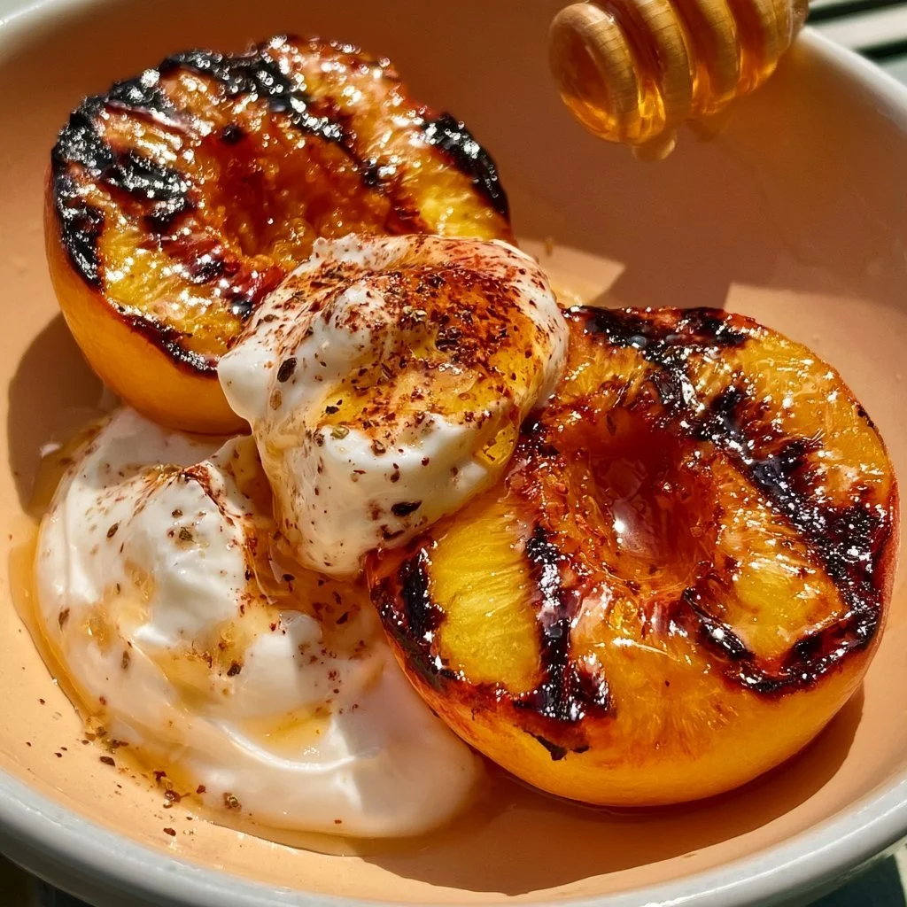 Gegrillte Pfirsiche mit Joghurt und Honig auf einem Teller