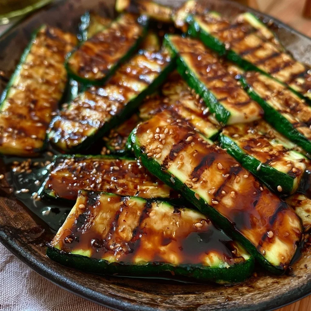 Gegrillte Zucchini mit Balsamico-Glasur auf einem Grillteller serviert.