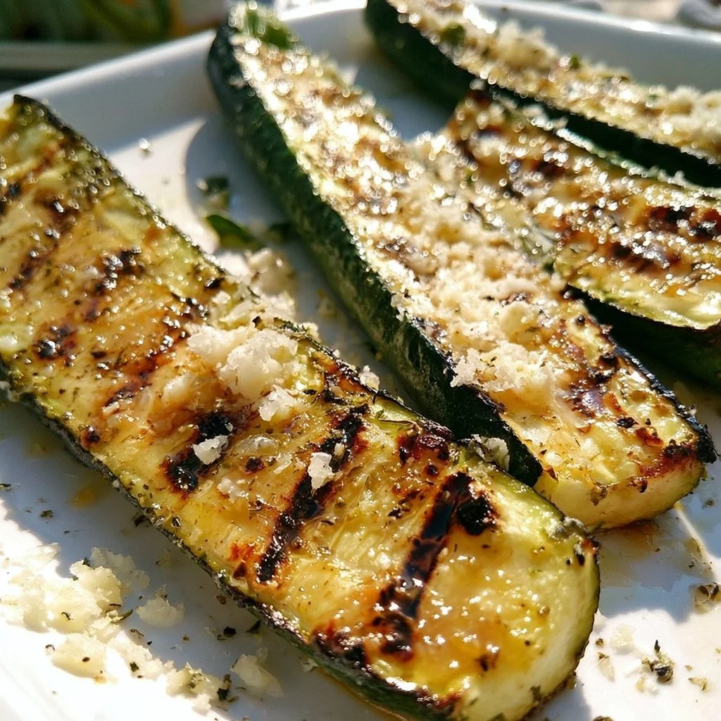 Gegrillte Zucchini mit Parmesan auf einem Teller angerichtet.