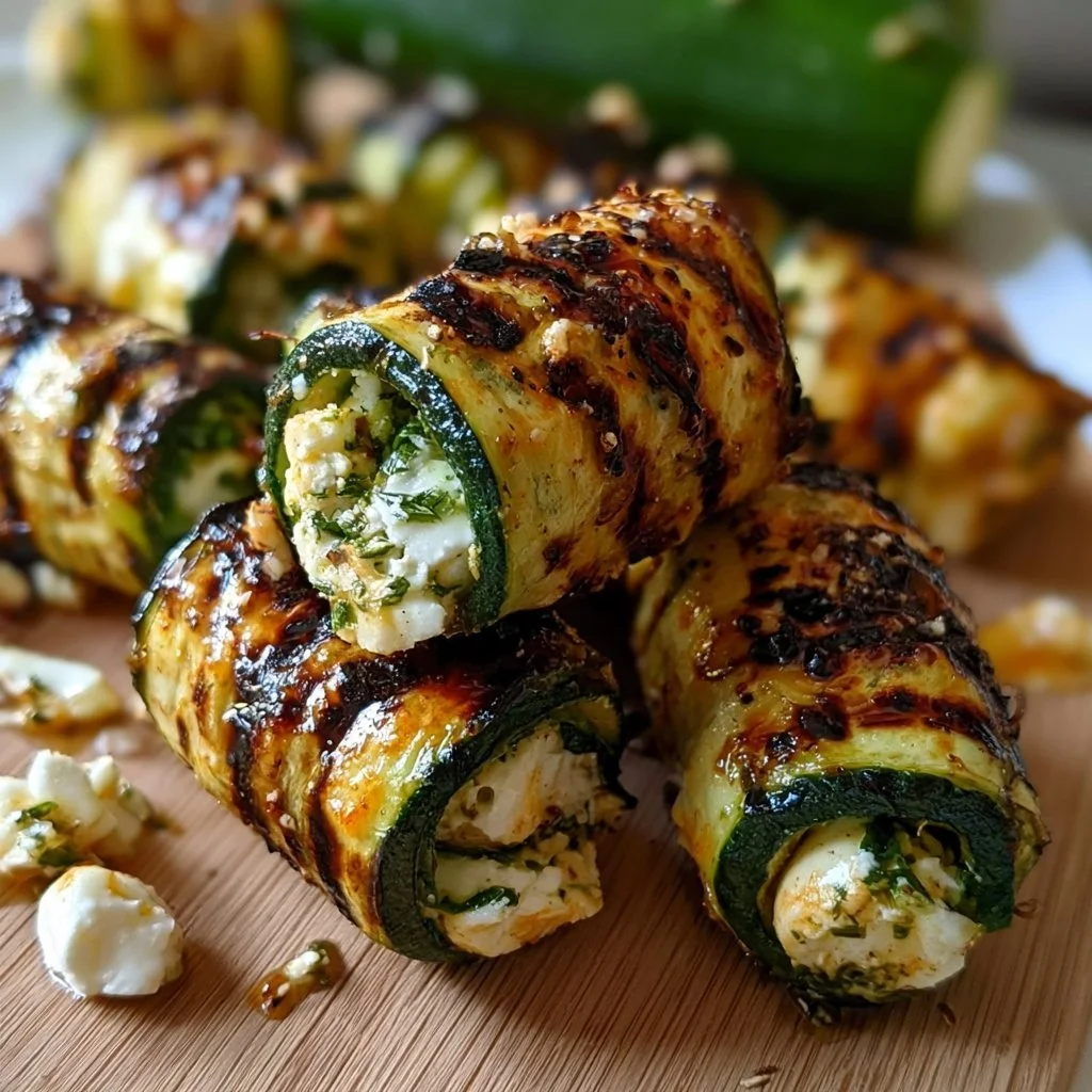 Gegrillte Zucchini-Röllchen mit Füllung auf einem Teller serviert