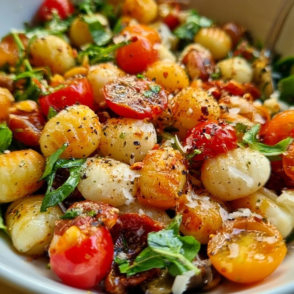 Leckerer Gnocchi-Salat mit frischem Gemüse und Dressing