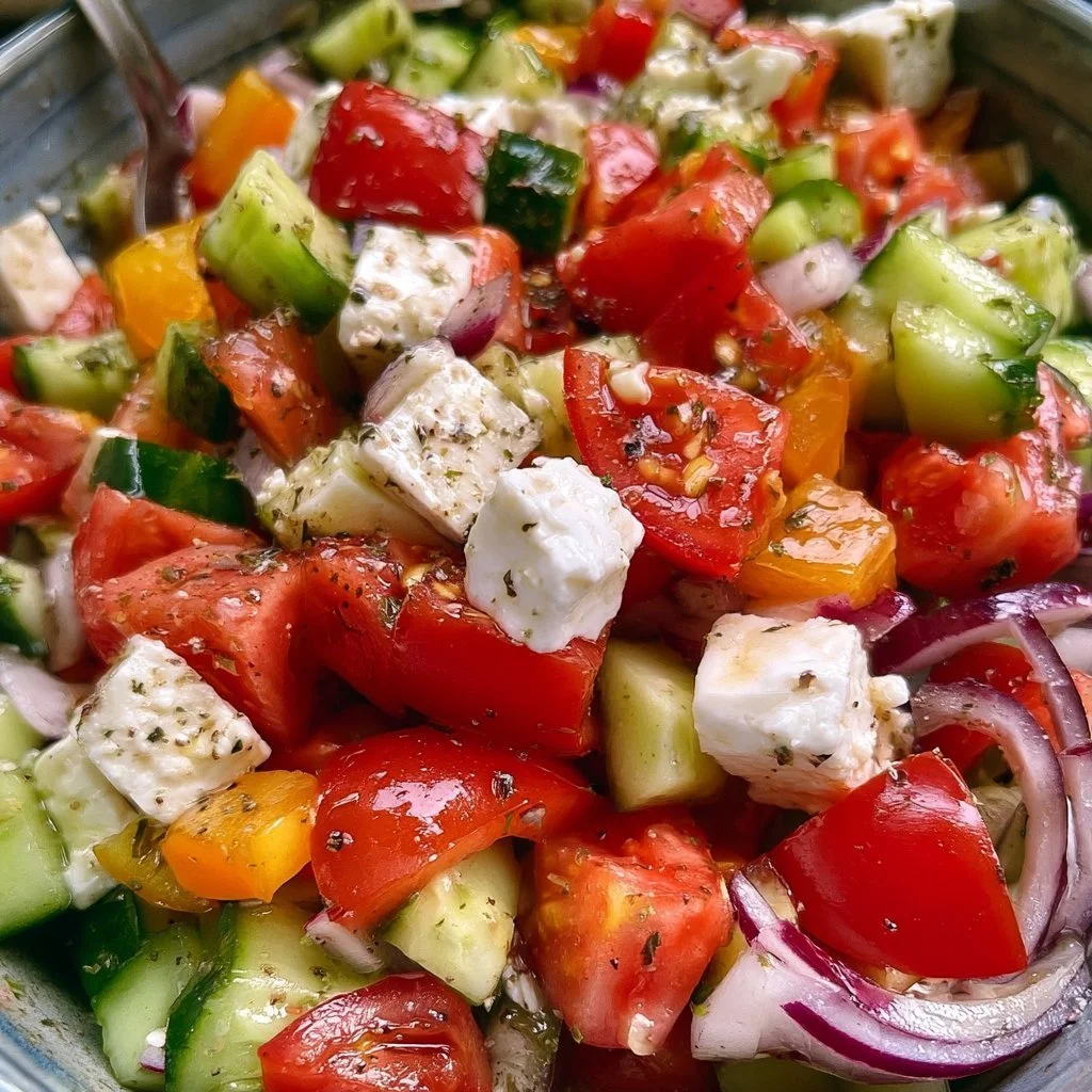 Buntes Bild eines griechischen Bauernsalats mit frischem Gemüse und Feta.