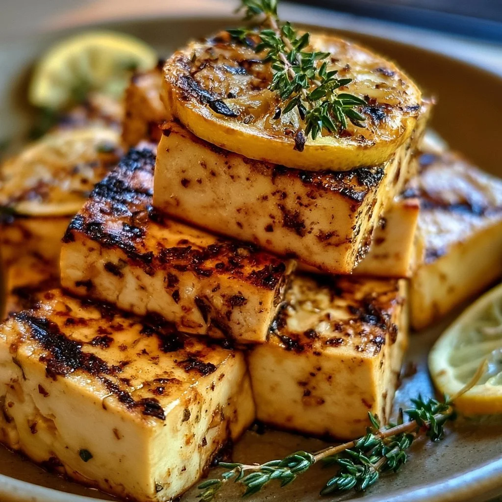 Griechischer gegrillter Tofu mit Zitrone und Thymian auf dem Grill