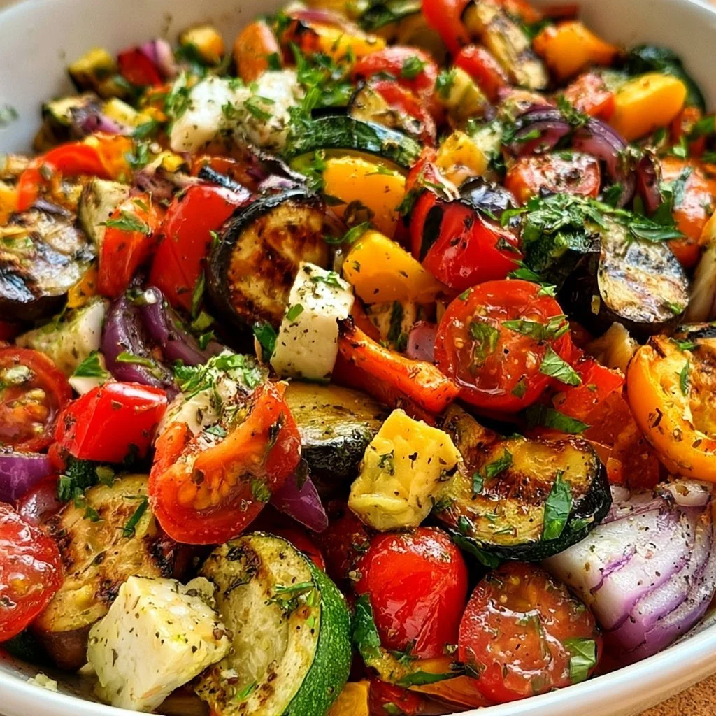 Bunter Grill Gemüse Salat auf einem Teller, ideal für Sommergerichte