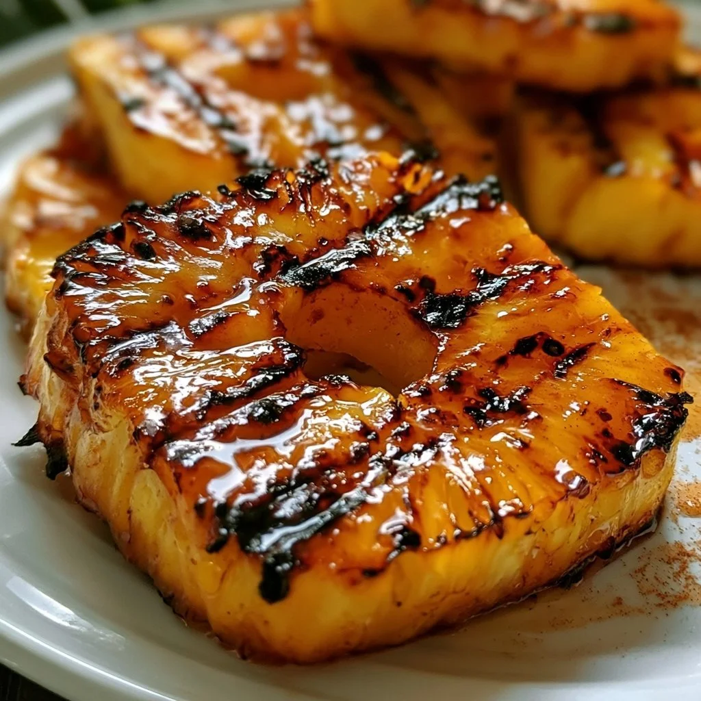 Gegrillte Ananas mit Honig und Zimt auf einem Grillplatz.