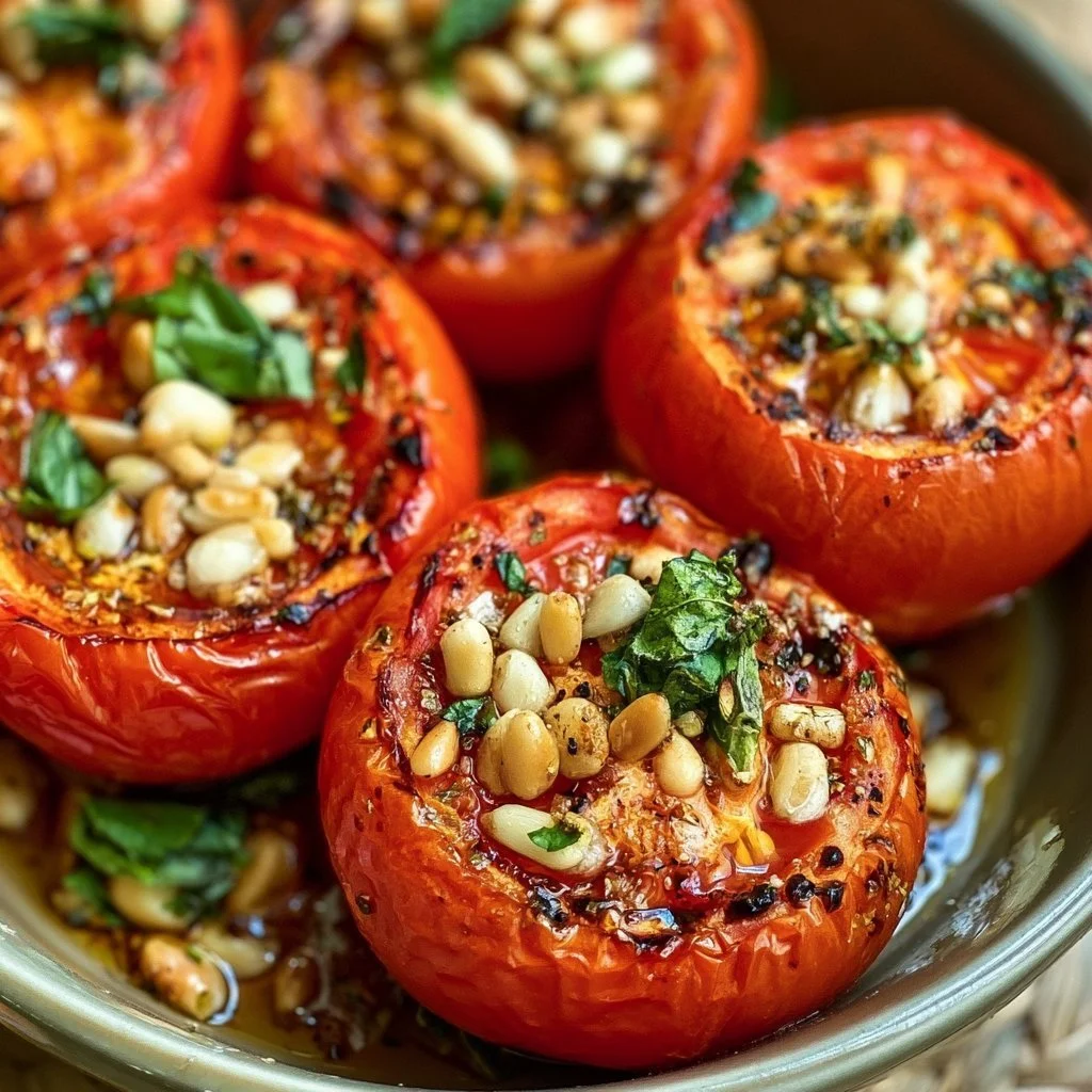 Gegrillte Tomaten mit Pinienkernen auf einem Grill