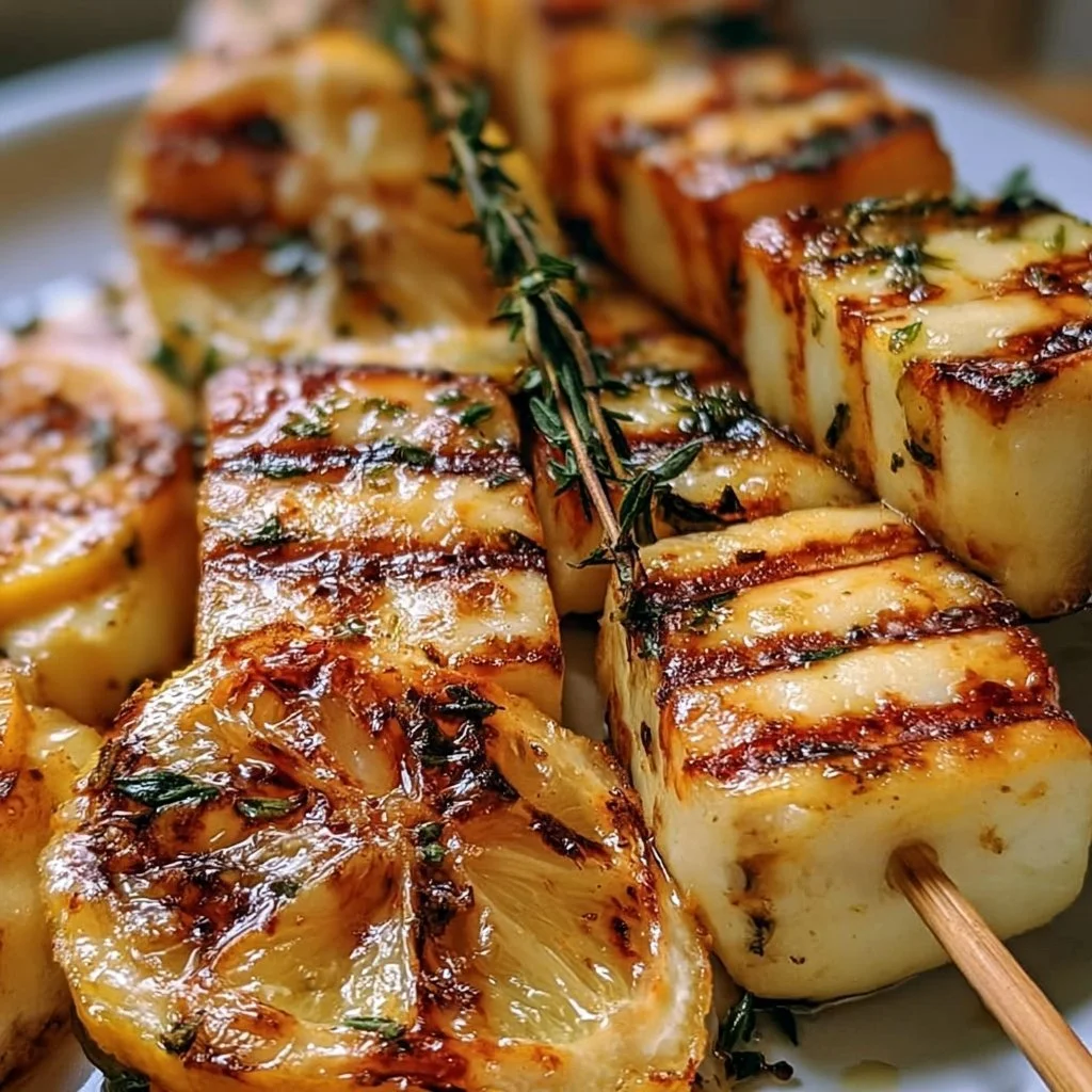 Halloumi-Spieße mit Zitrone und Thymian auf einem Grill.