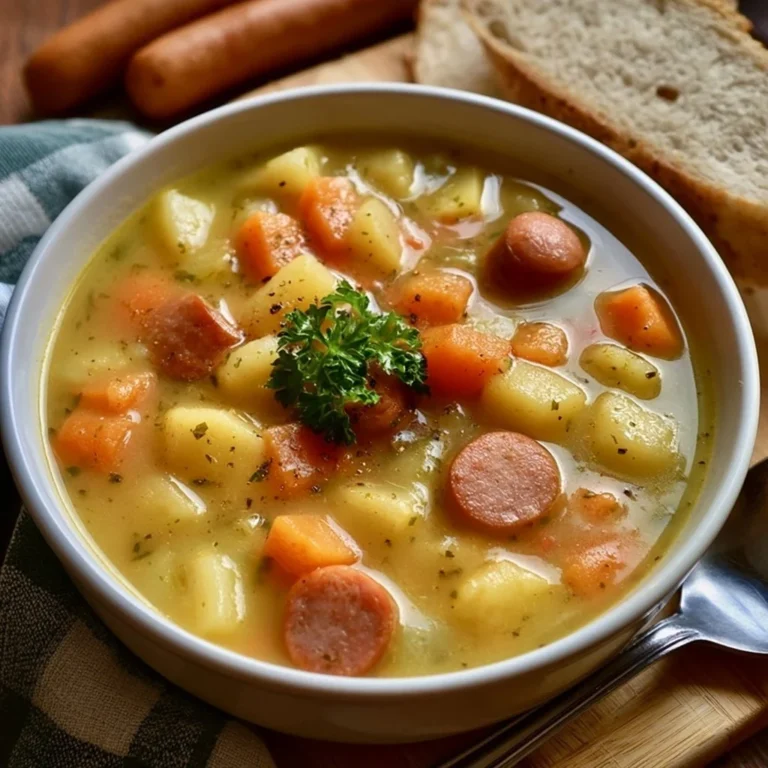 Kartoffelsuppe mit Würstchen in einer Schüssel serviert