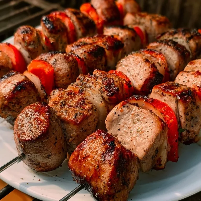 Klassisches Schaschlik auf dem Grill serviert mit frischem Gemüse
