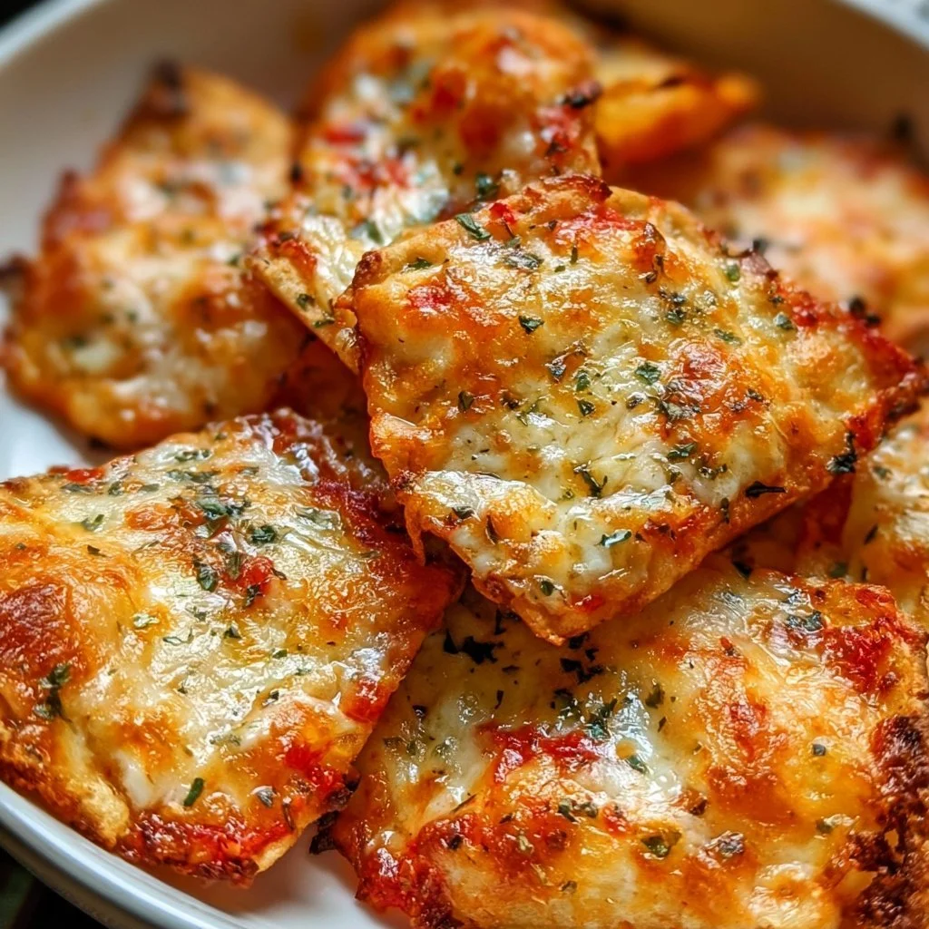 Knusprige Air Fryer Pizza Chips mit Mozzarella, perfekt für einen Snack.