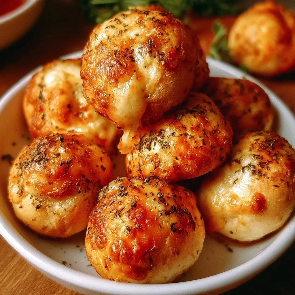 Knusprige Pizza Bällchen auf einem Teller, ideal für Feiern und Snacks