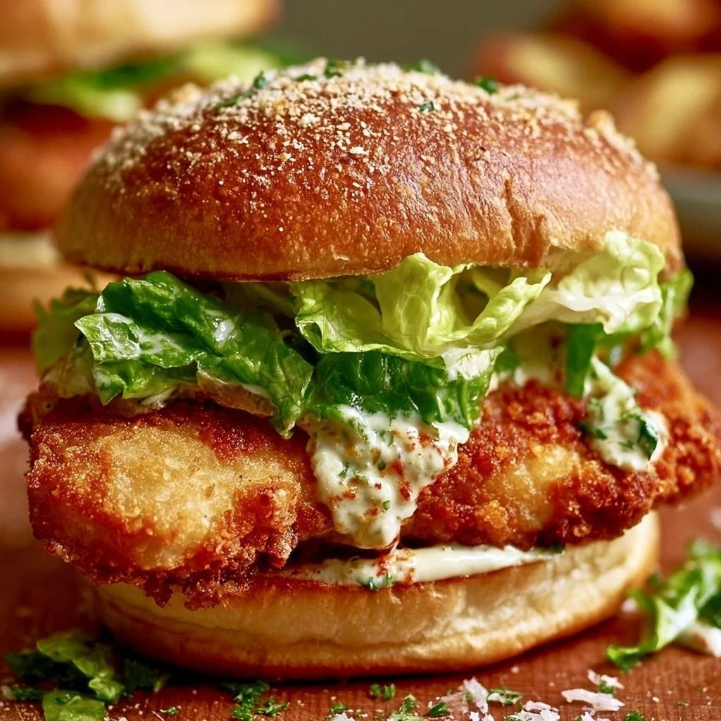 Knuspriges Hähnchen-Caesar-Sandwich mit frischen Zutaten und Caesar-Dressing
