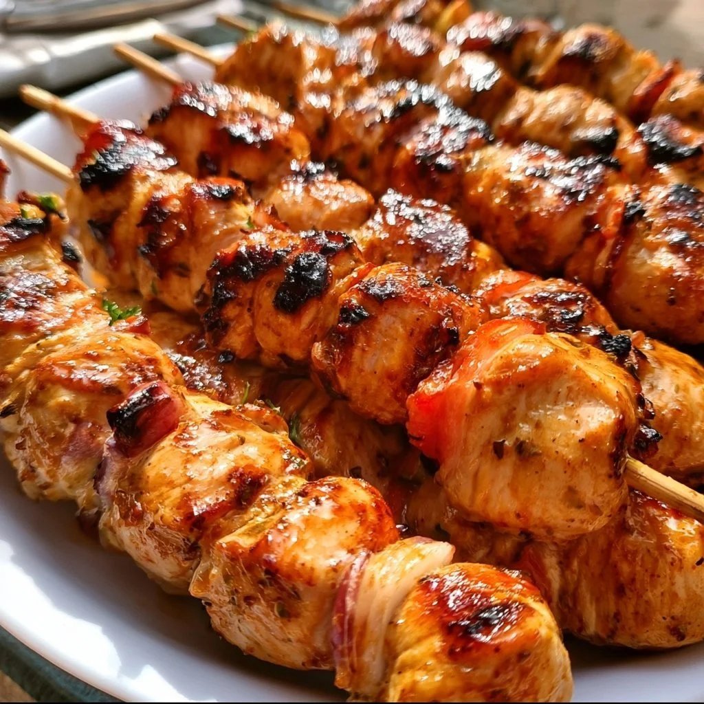 Köstliche Hähnchenspieße vom Grill mit frischem Gemüse und Gewürzen