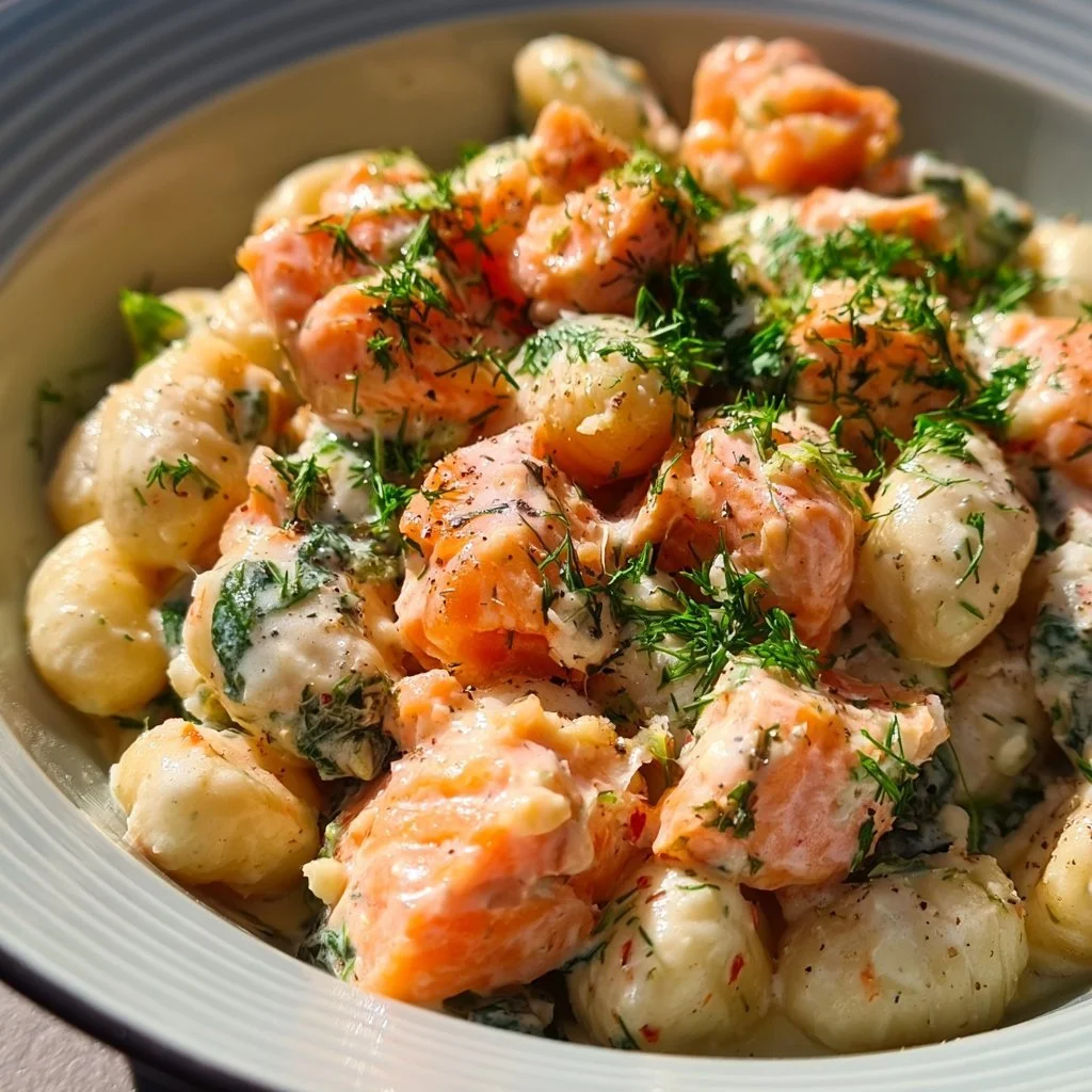 Lachs-Gnocchi, schnell zubereitet und unwiderstehlich lecker auf einem Teller