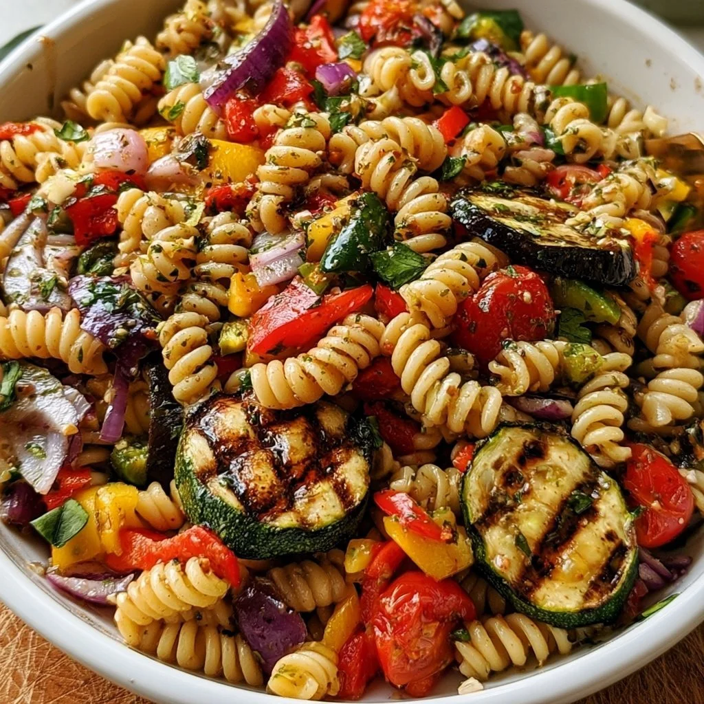 Mediterraner Nudelsalat mit gegrilltem Gemüse in einer Schüssel