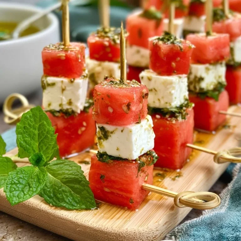 Erfrischende Melonen-Feta-Spieße auf einem Teller, ideal für Sommerpartys