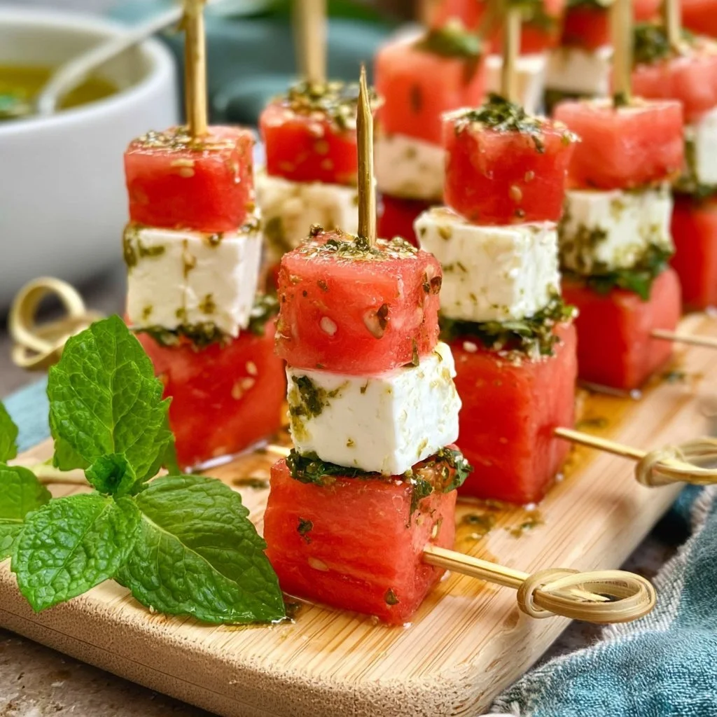 Erfrischende Melonen-Feta-Spieße auf einem Teller, ideal für Sommerpartys