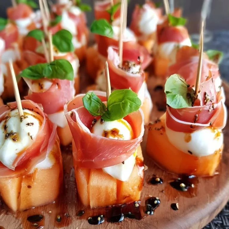 Fingerfood mit Melonen, Mozzarella und Schinken auf einem ansprechenden Teller.
