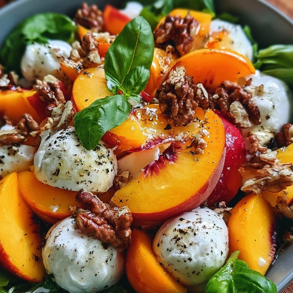 Eine Schüssel Millionärspfirsichsalat mit frischen Zutaten.