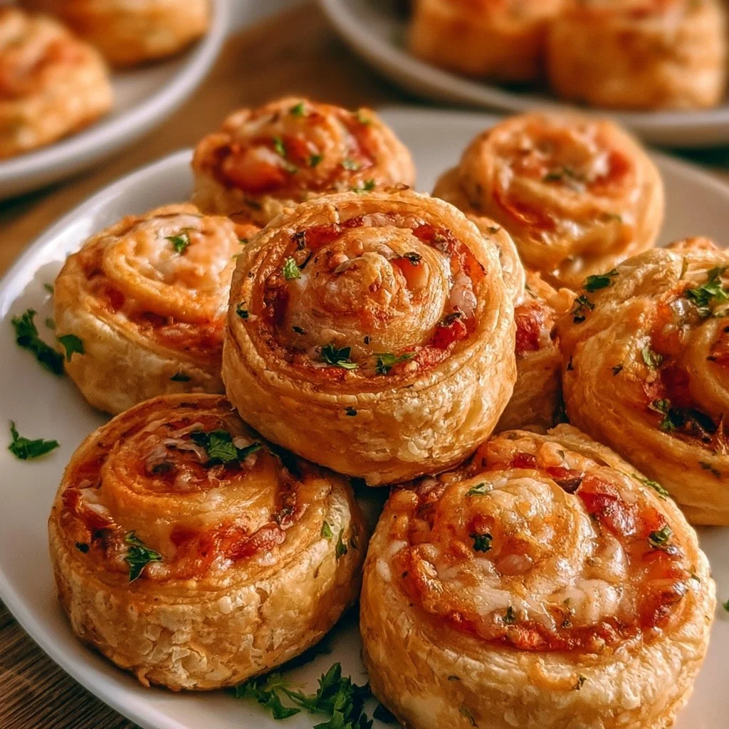 Leckere Mini-Pizza-Schnecken aus Blätterteig auf einem Teller serviert