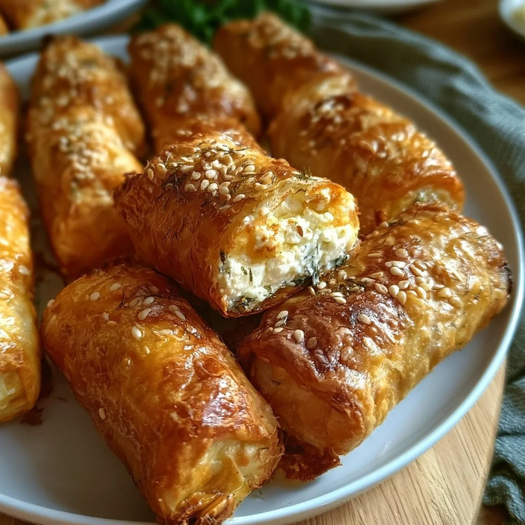 Leckere Ofen-Feta-Röllchen frisch aus dem Ofen auf einem Teller serviert.