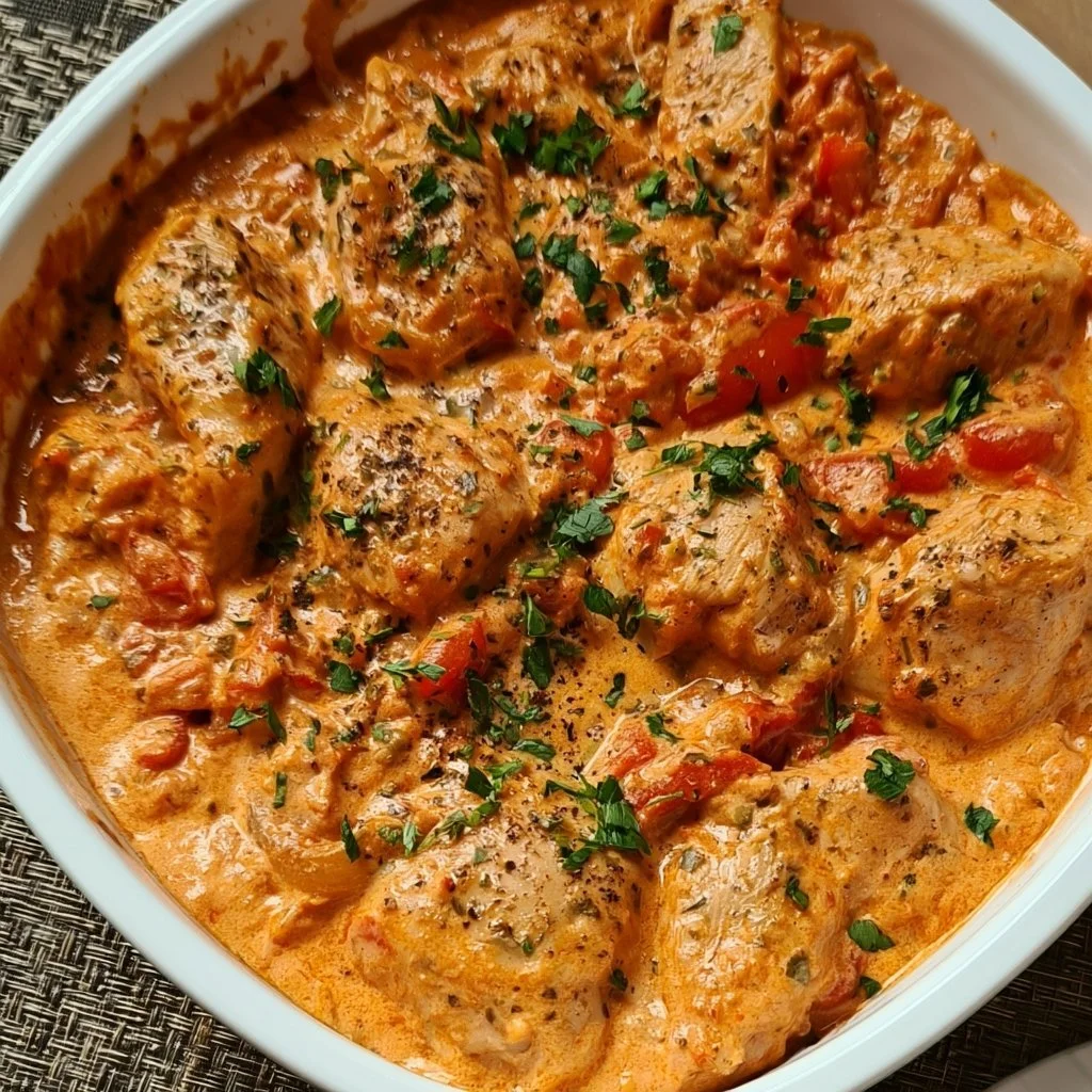 Paprika Sahne Hähnchen mit Paprika und cremiger Sauce serviert