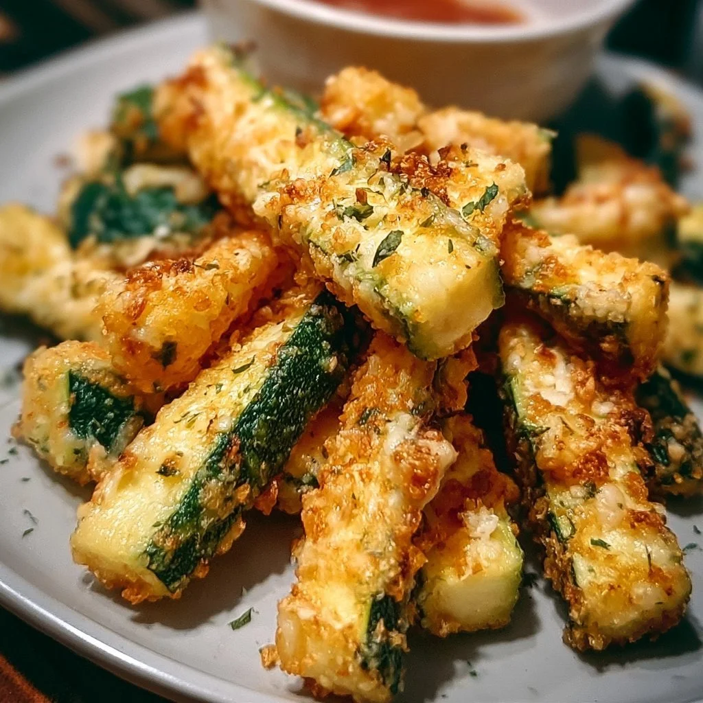 Köstliche Parmesan-Zucchini-Pommes frisch zubereitet und serviert.