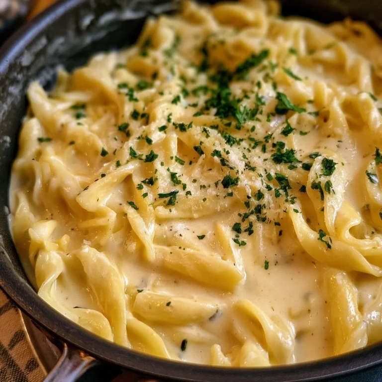 Schnelle Nudeln mit cremiger Käse-Sahne Sauce auf einem Teller