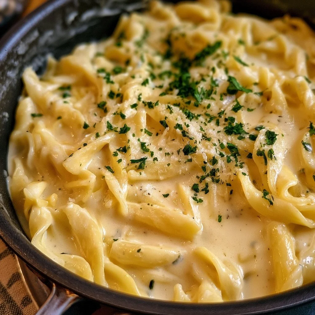 Schnelle Nudeln mit cremiger Käse-Sahne Sauce auf einem Teller