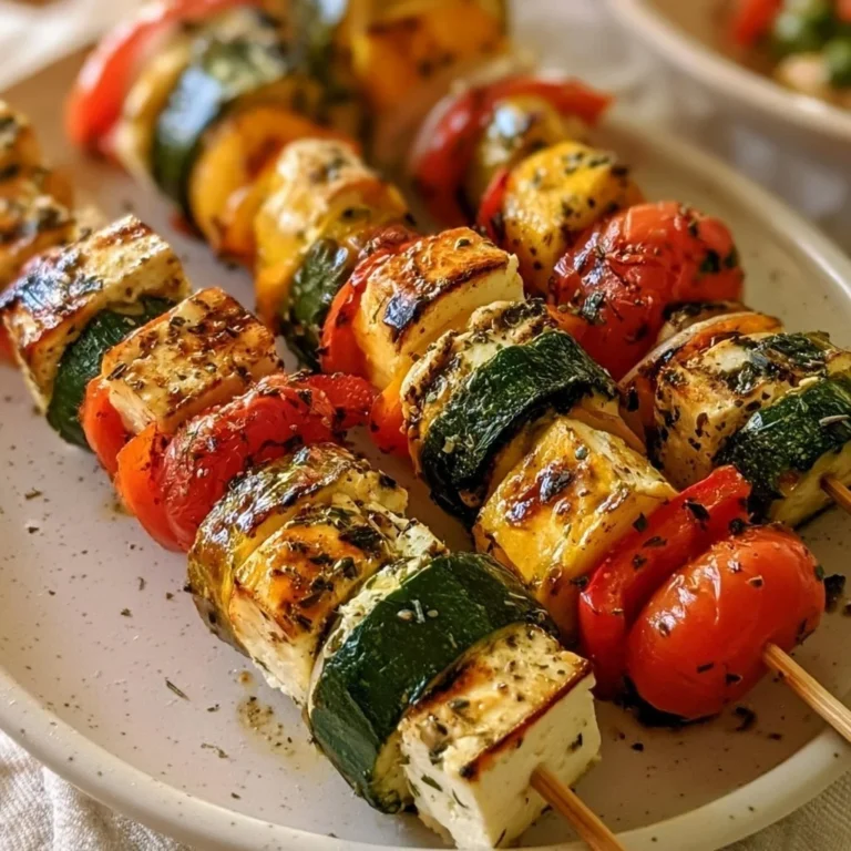 Sonnenverwöhnte Feta-Gemüse-Spieße frisch vom Grill auf einem Teller serviert.