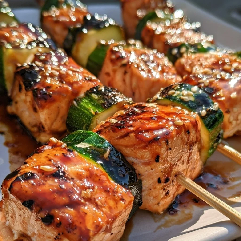 Teriyaki-Lachs und Zucchini-Spieße auf einem Grill serviert.