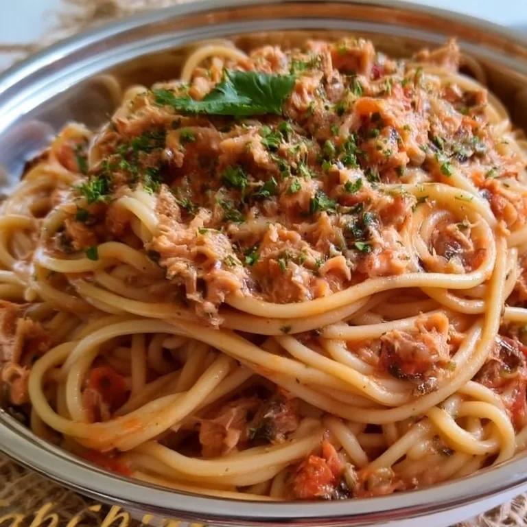 Teller mit Thunfisch Spaghetti und frischen Kräutern