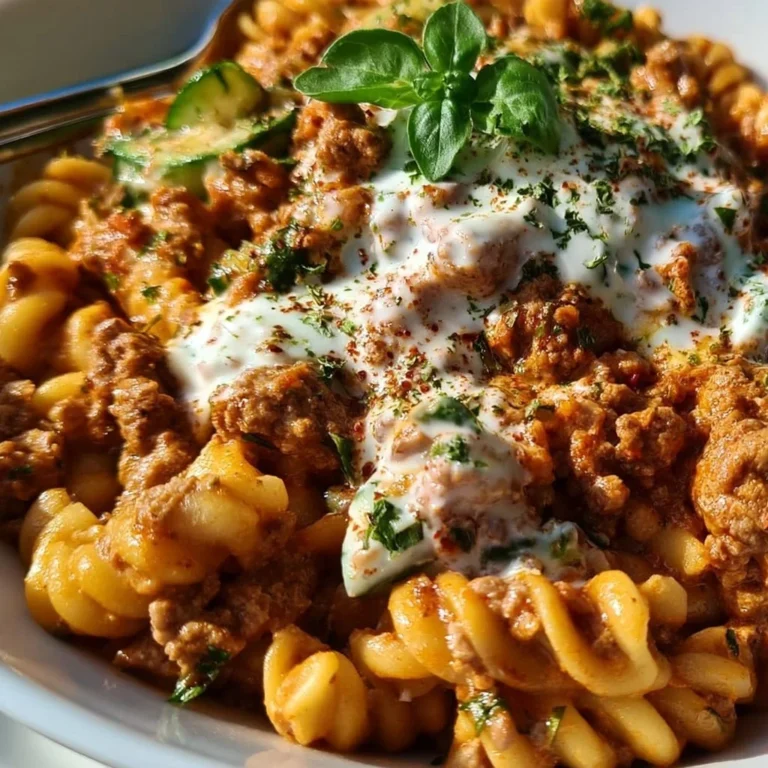 Türkische Pasta mit Hackfleisch und Joghurt-Sauce auf einem Teller serviert