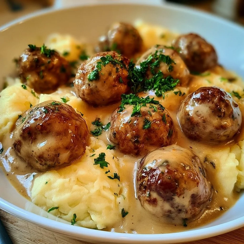 Hackbällchen in cremiger Sauce mit Kartoffelpüree serviert