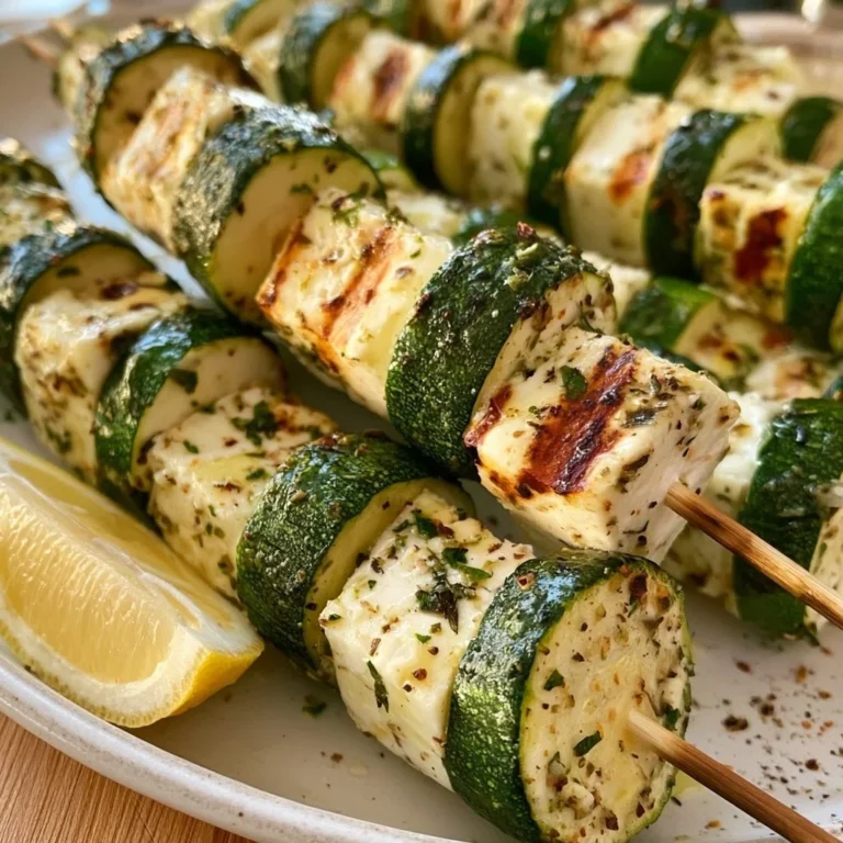 Zucchini-Feta-Spieße auf einem Grill serviert, gesund und lecker.