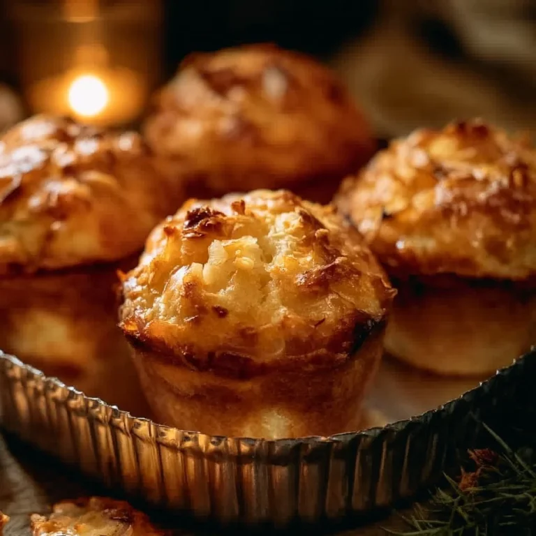 Zwiebelkuchenmuffins frisch aus dem Ofen, goldbraun und lecker angerichtet.